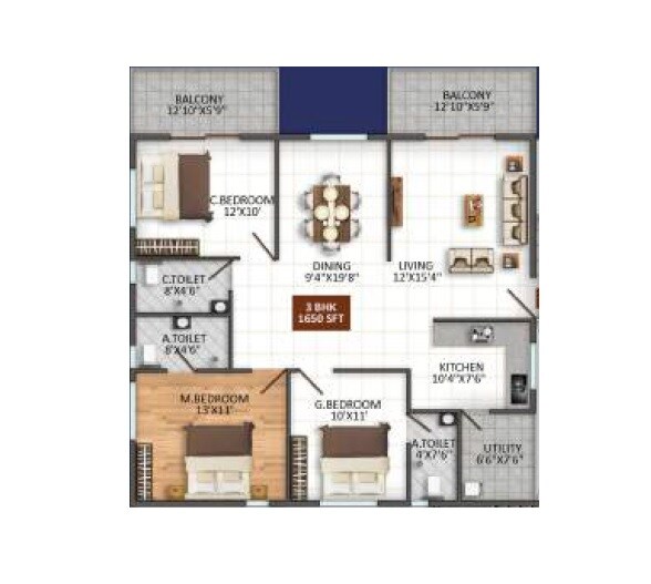 Floor plan of 3 BHK 1650 Sq. Ft. Apartment in Vishnu Brunda Vihari, Bangalore