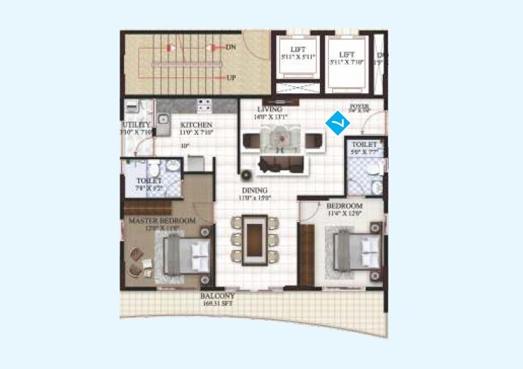 Floor plan of 2 BHK 1375 Sq. Ft. Apartment in Vishnu Priya Parimala SkyView, Bangalore