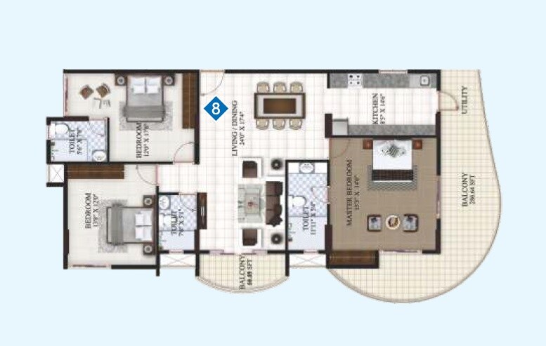Floor plan of 3 BHK 2269 Sq. Ft. Apartment in Vishnu Priya Parimala SkyView, Bangalore