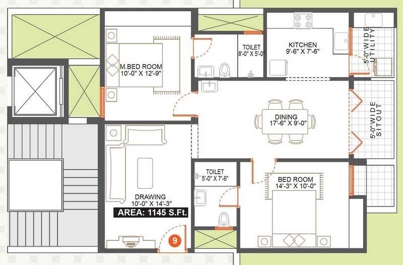 Floor plan of 2 BHK 1145 Sq. Ft. Apartment in Vishnu Woodstock, Bangalore