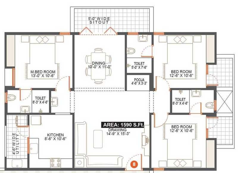 Floor plan of 3 BHK 1590 Sq. Ft. Apartment in Vishnu Woodstock, Bangalore