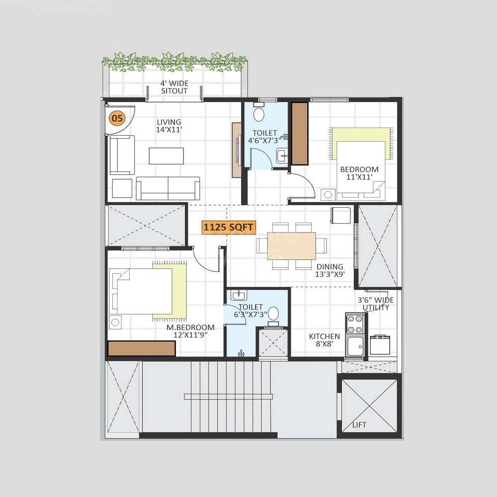 Floor plan of 2 BHK 1125 Sq. Ft. Apartment in Vision Royal Park, Bangalore