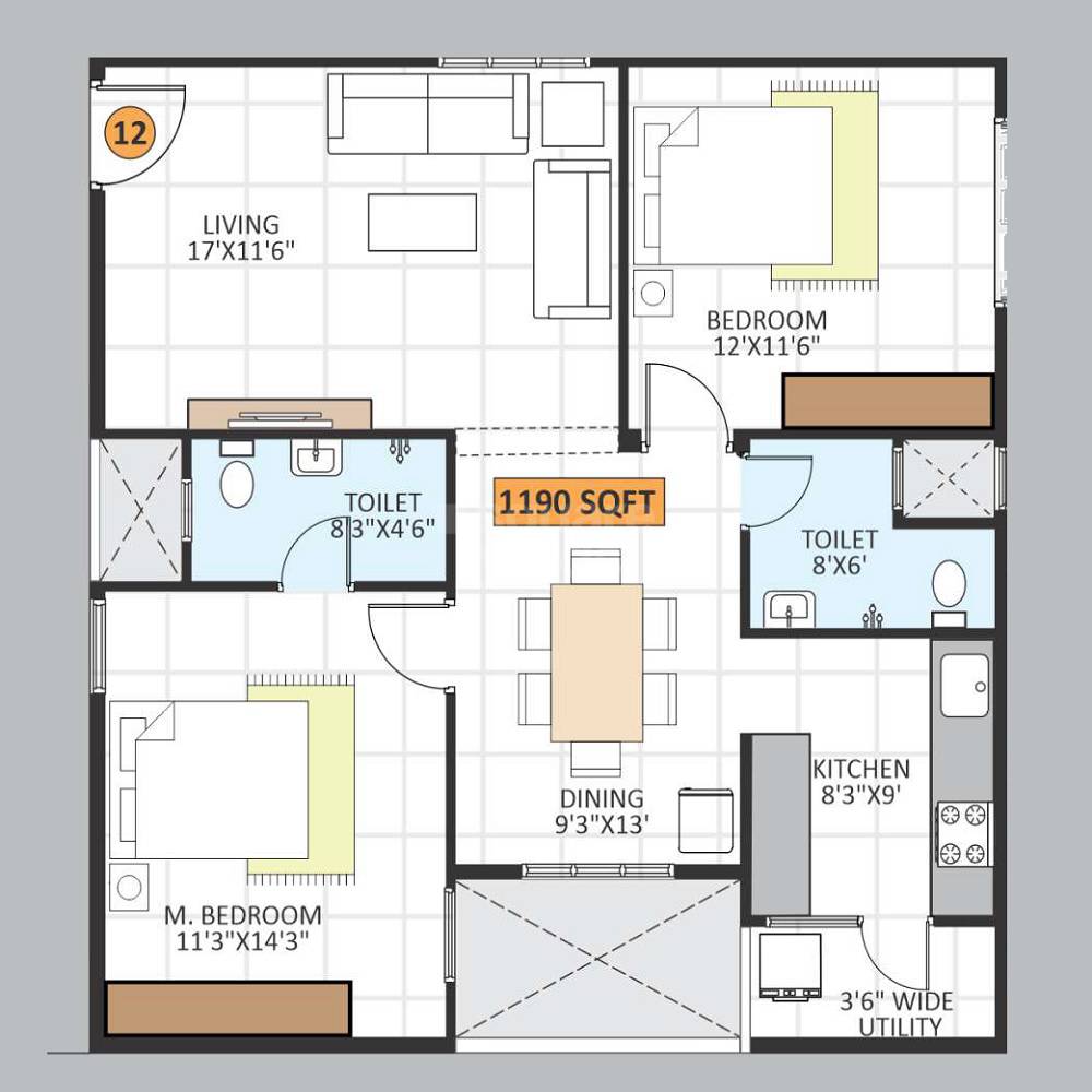 Floor plan of 2 BHK 1190 Sq. Ft. Apartment in Vision Royal Park, Bangalore