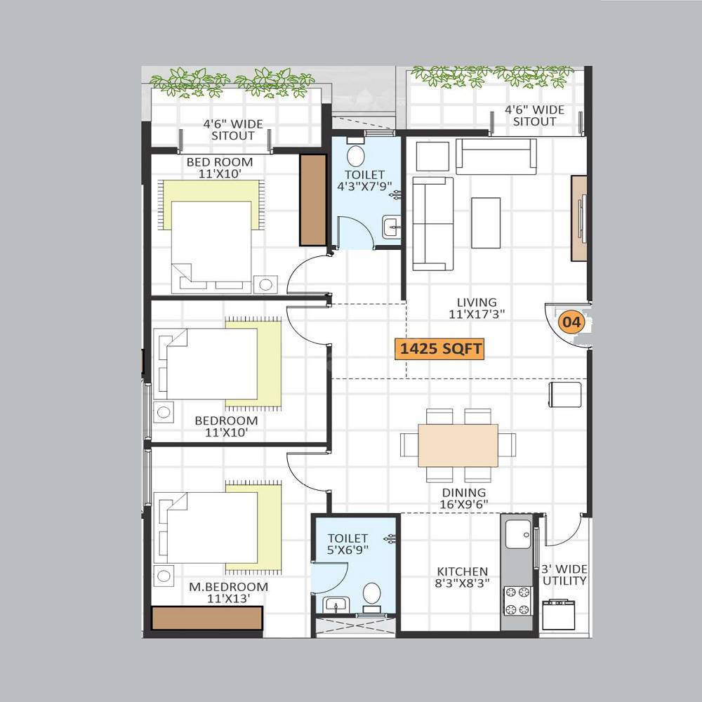 Floor plan of 3 BHK 1425 Sq. Ft. Apartment in Vision Royal Park, Bangalore