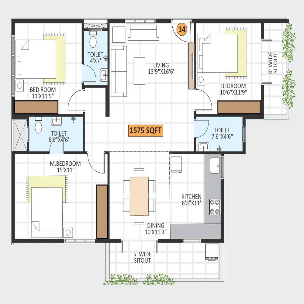 Floor plan of 3 BHK 1575 Sq. Ft. Apartment in Vision Royal Park, Bangalore