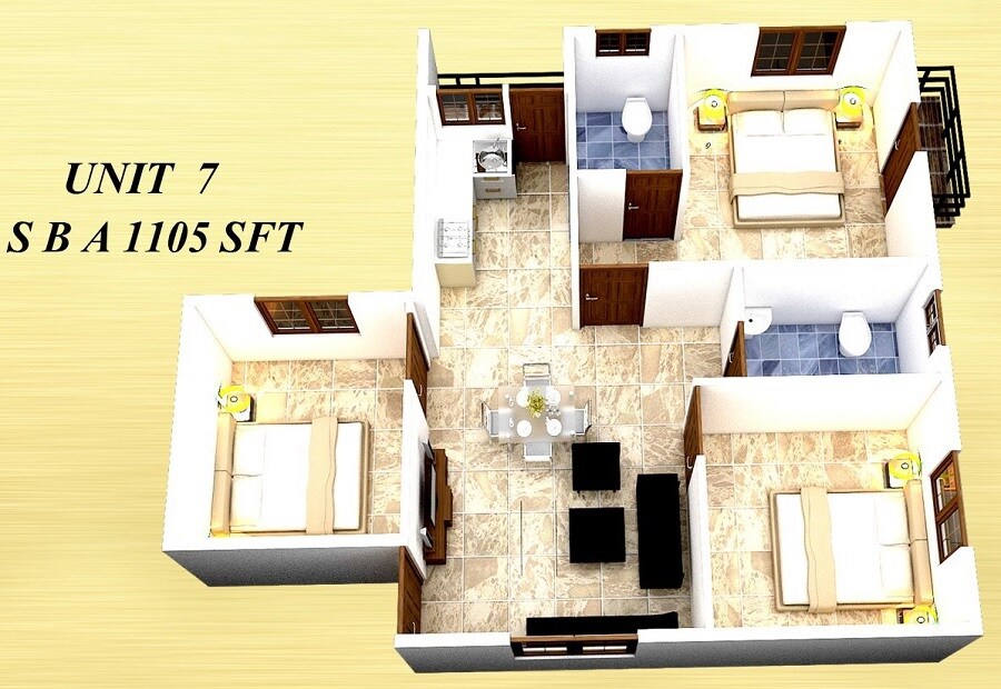 Floor plan of 3 BHK 1105 Sq. Ft. Apartment in Vista Innovation, Bangalore