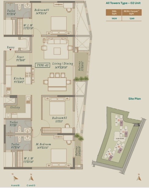 Floor plan of 3 BHK 1909 Sq. Ft. Apartment in Vista Spaces Visista, Bangalore