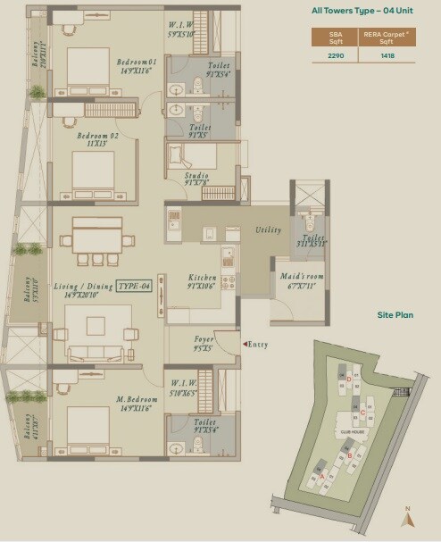 Floor plan of 3 BHK 2290 Sq. Ft. Apartment in Vista Spaces Visista, Bangalore