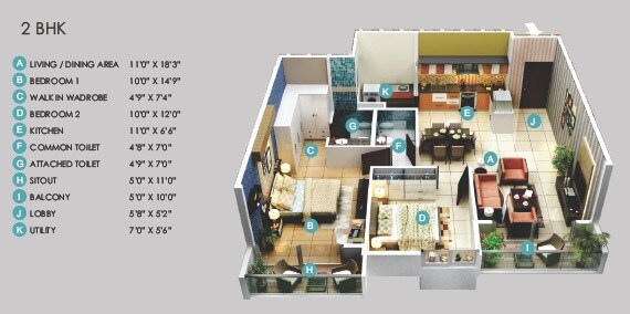 Floor plan of 2 BHK 1200 Sq. Ft. Apartment in Vizipa Optima, Bangalore