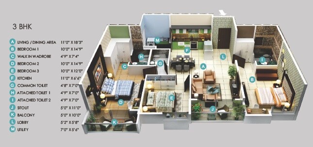 Floor plan of 3 BHK 1554 Sq. Ft. Apartment in Vizipa Optima, Bangalore