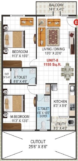 Floor plan of 2 BHK 1155 Sq. Ft. Apartment in VK Krishna Gardenia, Bangalore