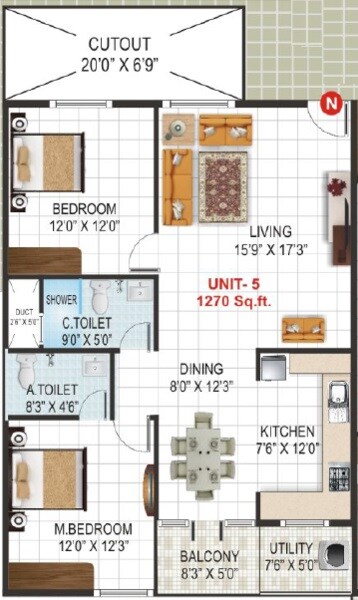 Floor plan of 2 BHK 1270 Sq. Ft. Apartment in VK Krishna Gardenia, Bangalore