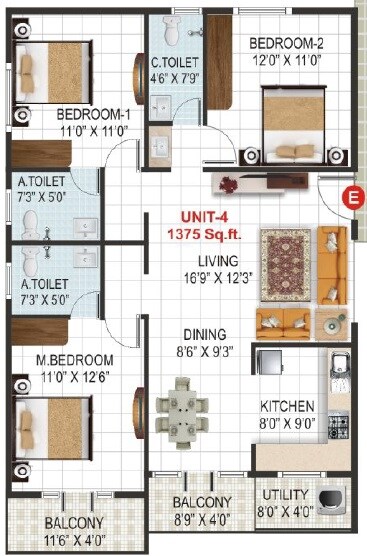 Floor plan of 3 BHK 1375 Sq. Ft. Apartment in VK Krishna Gardenia, Bangalore