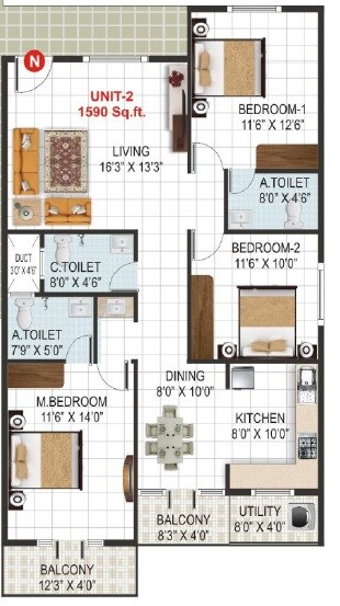 Floor plan of 3 BHK 1590 Sq. Ft. Apartment in VK Krishna Gardenia, Bangalore