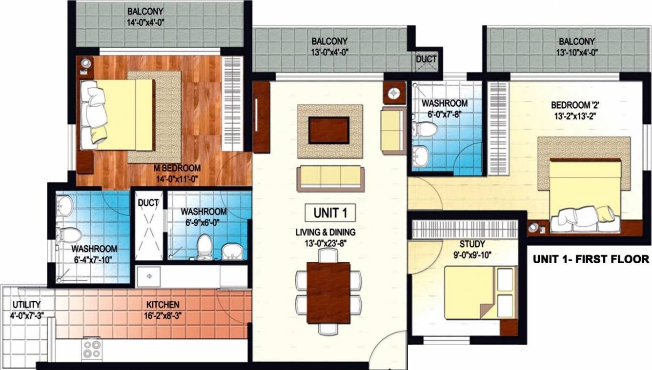 Floor plan of 3 BHK 1463 Sq. Ft. Apartment in VKC Chourasia Sapphire, Bangalore