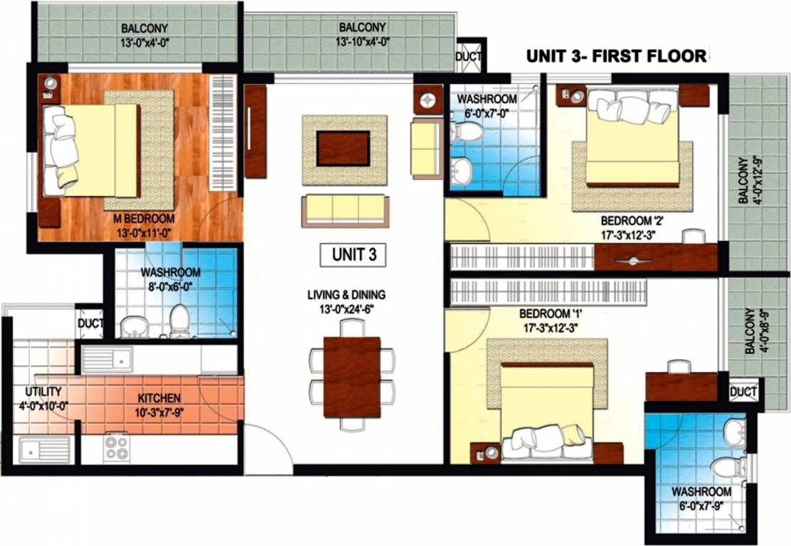 Floor plan of 3 BHK 1844 Sq. Ft. Apartment in VKC Chourasia Sapphire, Bangalore