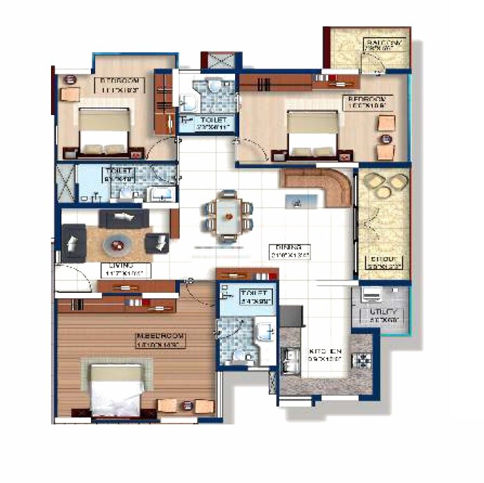 Floor plan of 3 BHK 2060 Sq. Ft. Apartment in VKC Chourasia Signature, Bangalore