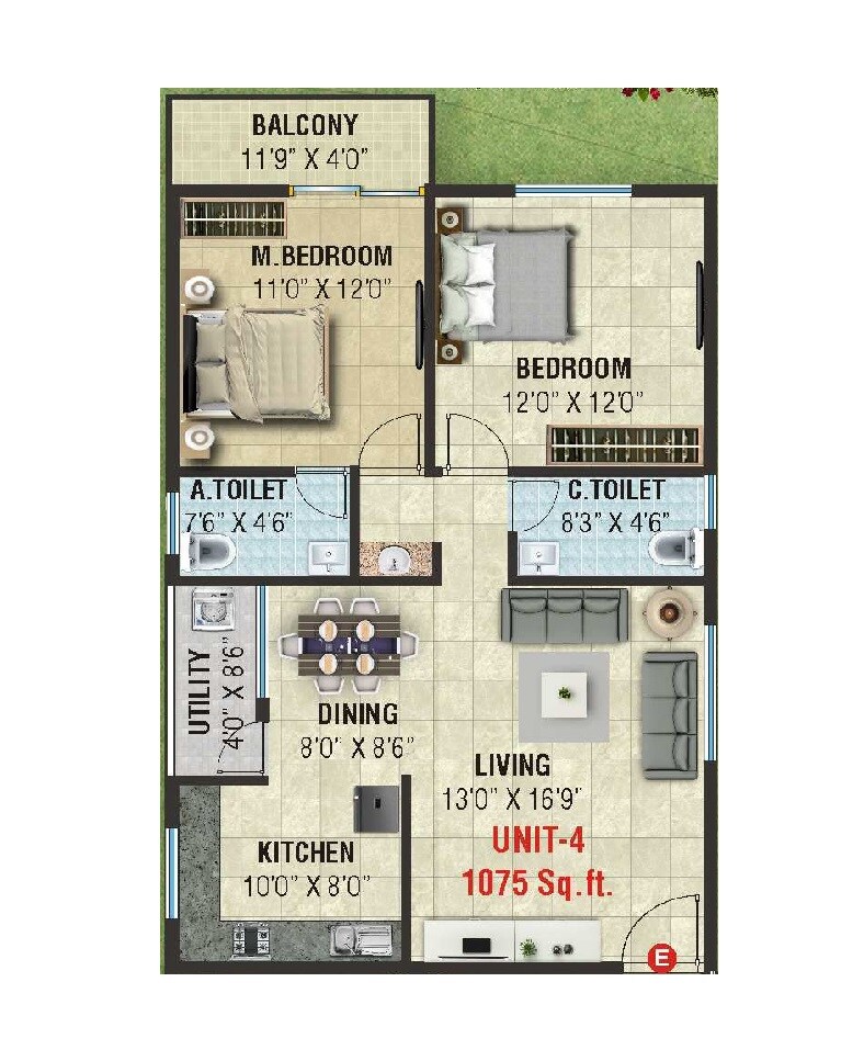 Floor plan of 2 BHK 1075 Sq. Ft. Apartment in VKR Paradise, Bangalore