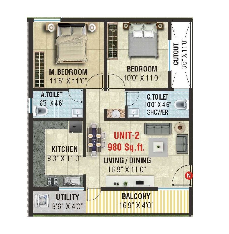 Floor plan of 2 BHK 980 Sq. Ft. Apartment in VKR Paradise, Bangalore