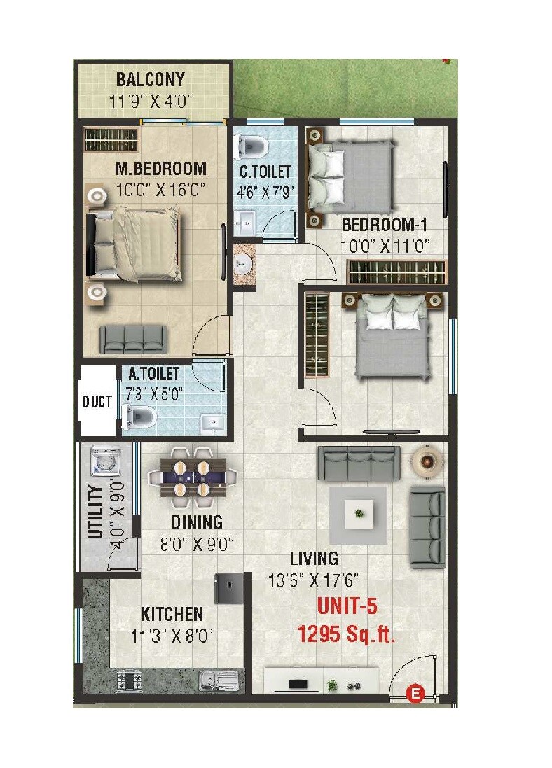 Floor plan of 3 BHK 1295 Sq. Ft. Apartment in VKR Paradise, Bangalore