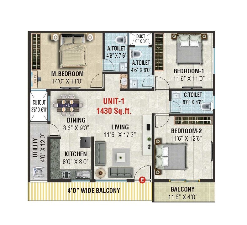 Floor plan of 3 BHK 1430 Sq. Ft. Apartment in VKR Paradise, Bangalore