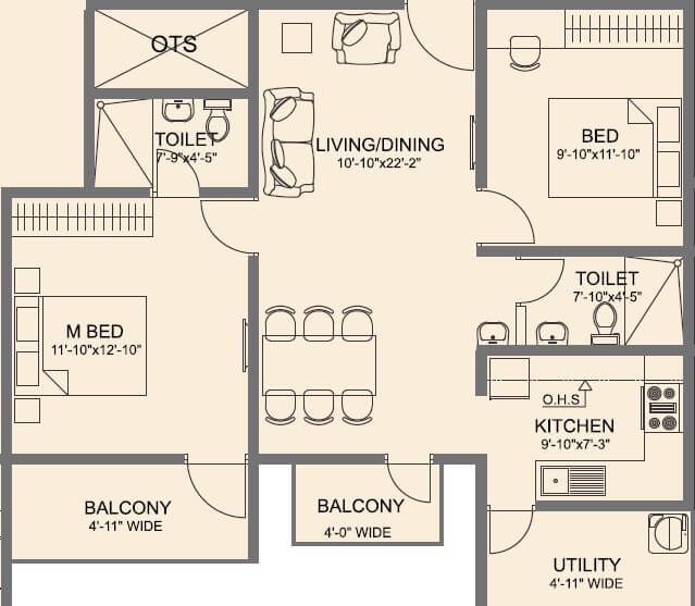Floor plan of 2 BHK 1155 Sq. Ft. Apartment in Vmaks Laurel, Bangalore