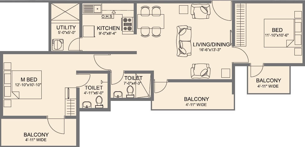 Floor plan of 2 BHK 1206 Sq. Ft. Apartment in Vmaks Laurel, Bangalore