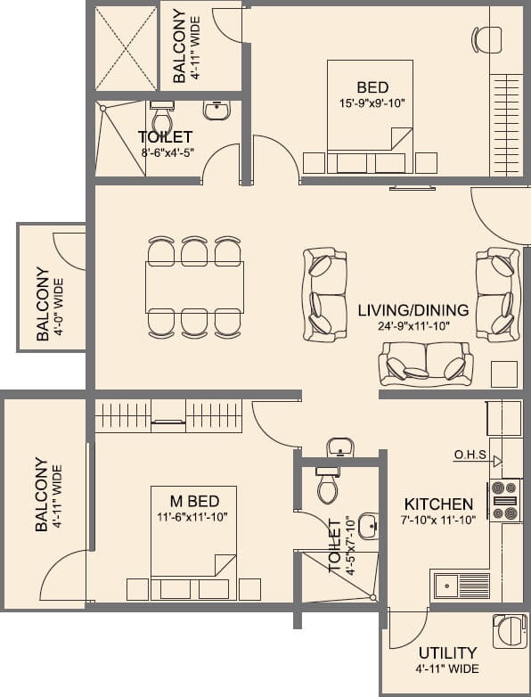Floor plan of 2 BHK 1306 Sq. Ft. Apartment in Vmaks Laurel, Bangalore