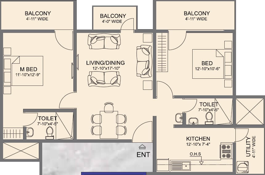 Floor plan of 2 BHK 1335 Sq. Ft. Apartment in Vmaks Laurel, Bangalore