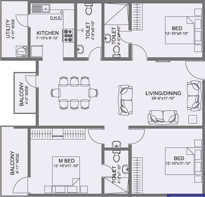 Floor plan of 3 BHK 1585 Sq. Ft. Apartment in Vmaks Laurel, Bangalore