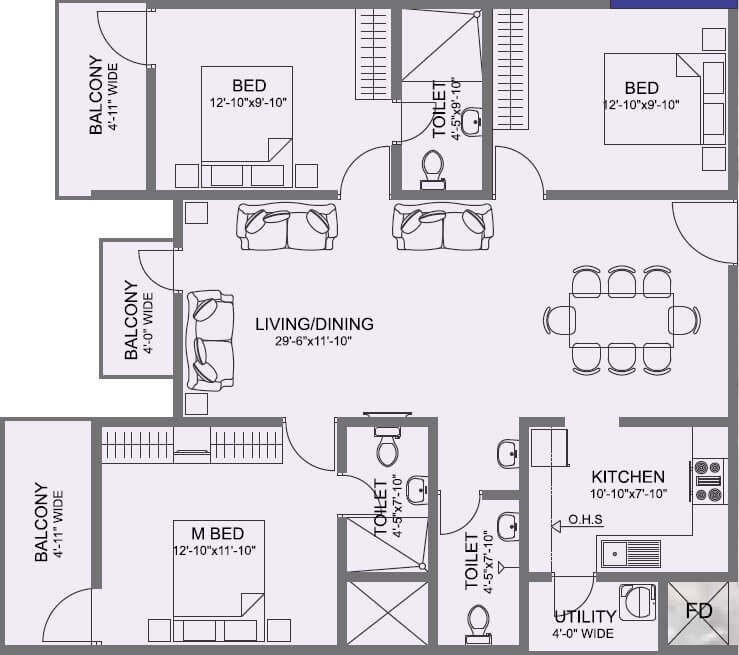 Floor plan of 3 BHK 1611 Sq. Ft. Apartment in Vmaks Laurel, Bangalore