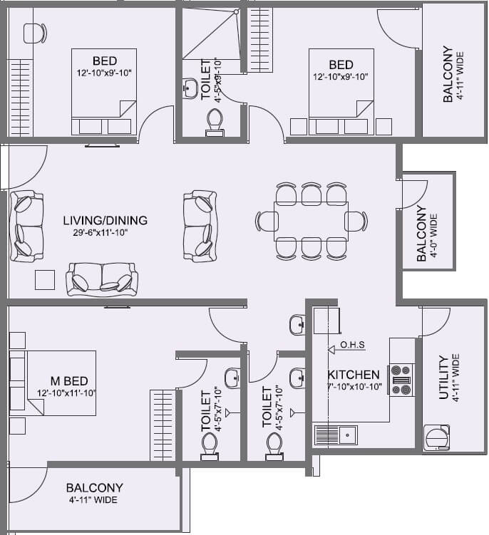 Floor plan of 3 BHK 1656 Sq. Ft. Apartment in Vmaks Laurel, Bangalore