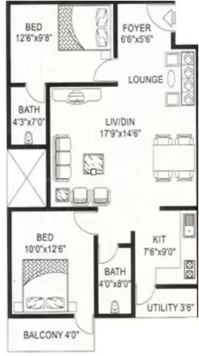Floor plan of 2 BHK 1099 Sq. Ft. Apartment in Vmaks Rosebay, Bangalore