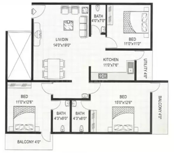 Floor plan of 3 BHK 1359 Sq. Ft. Apartment in Vmaks Rosebay, Bangalore