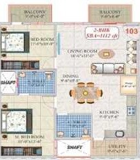 Floor plan of 2 BHK 1112 Sq. Ft. Apartment in VMR Srinivasam, Bangalore
