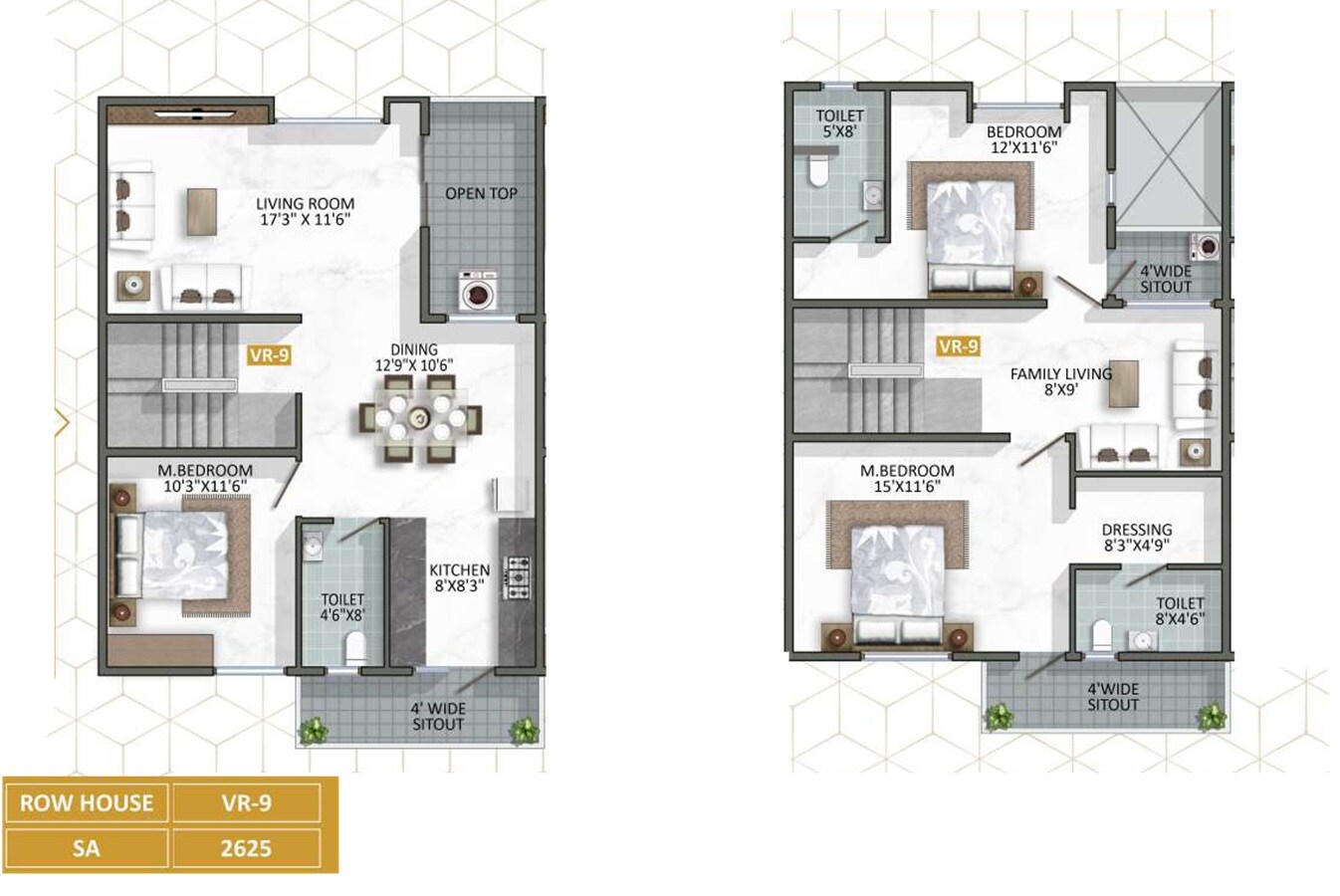 Floor plan of 3 BHK 2625 Sq. Ft. Row House in VR Royal View, Bangalore