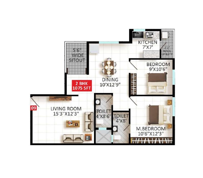 Floor plan of 2 BHK 1075 Sq. Ft. Apartment in VR Sapphire, Bangalore