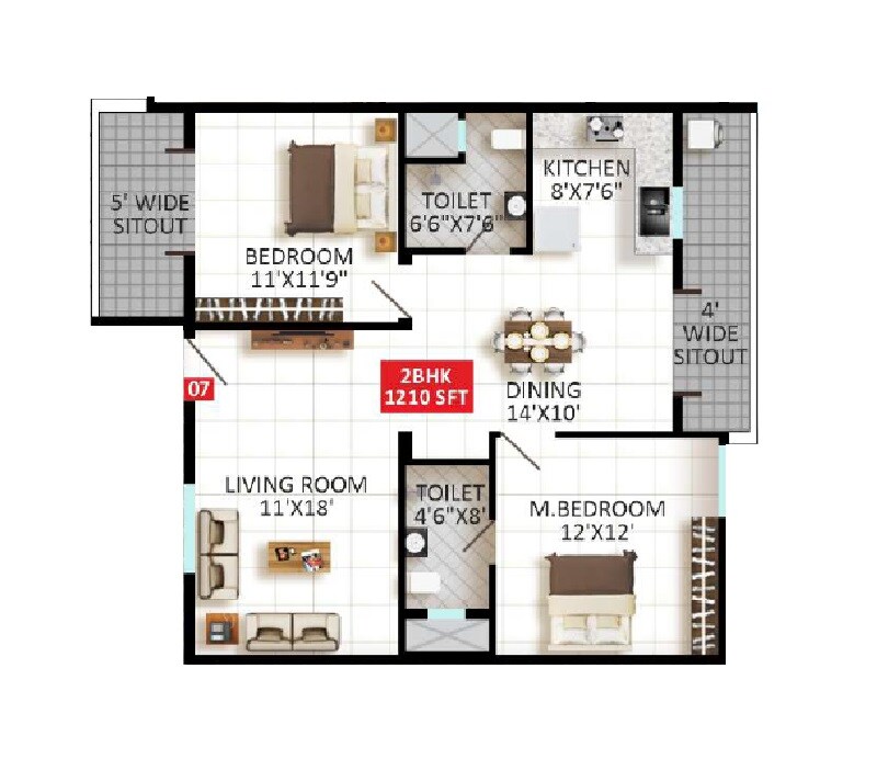 Floor plan of 2 BHK 1210 Sq. Ft. Apartment in VR Sapphire, Bangalore