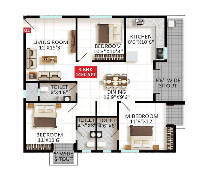 Floor plan of 3 BHK 1450 Sq. Ft. Apartment in VR Sapphire, Bangalore
