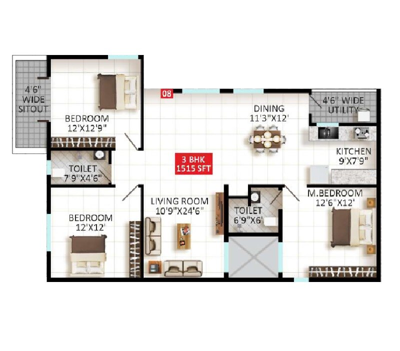 Floor plan of 3 BHK 1515 Sq. Ft. Apartment in VR Sapphire, Bangalore