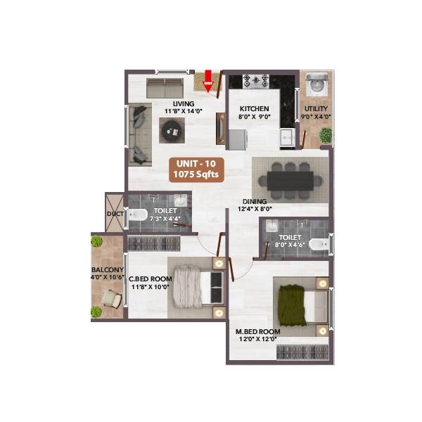 Floor plan of 2 BHK 1086 Sq. Ft. Apartment in VRL Happy Homes, Bangalore