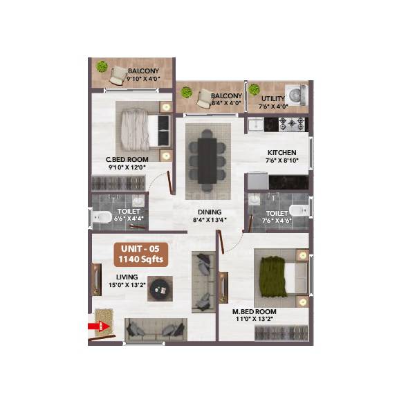 Floor plan of 2 BHK 1140 Sq. Ft. Apartment in VRL Happy Homes, Bangalore