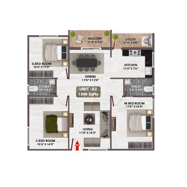 Floor plan of 3 BHK 1360 Sq. Ft. Apartment in VRL Happy Homes, Bangalore