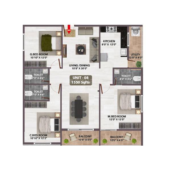 Floor plan of 3 BHK 1550 Sq. Ft. Apartment in VRL Happy Homes, Bangalore