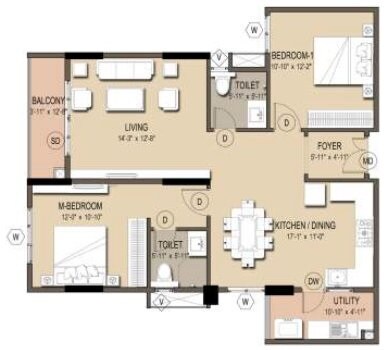 Floor plan of 2 BHK 1300 Sq. Ft. Apartment in VRR Fortuna, Bangalore