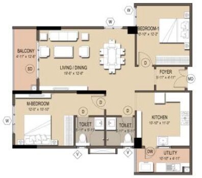 Floor plan of 2 BHK 1315 Sq. Ft. Apartment in VRR Fortuna, Bangalore