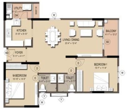Floor plan of 3 BHK 1360 Sq. Ft. Apartment in VRR Fortuna, Bangalore