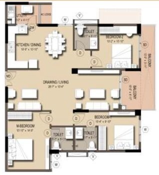 Floor plan of 3 BHK 1745 Sq. Ft. Apartment in VRR Fortuna, Bangalore