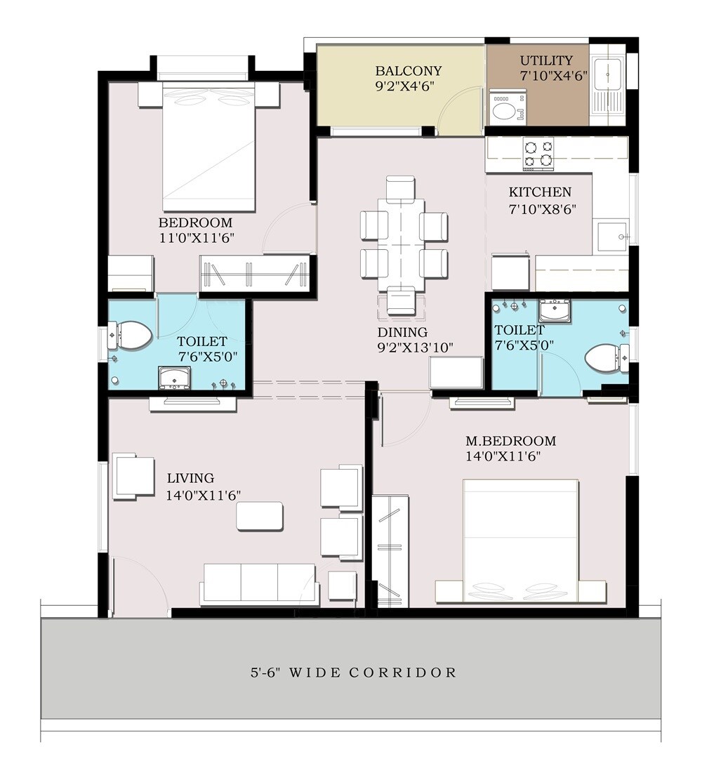 Floor plan of 2 BHK 1135 Sq. Ft. Apartment in VRR Green Crest, Bangalore