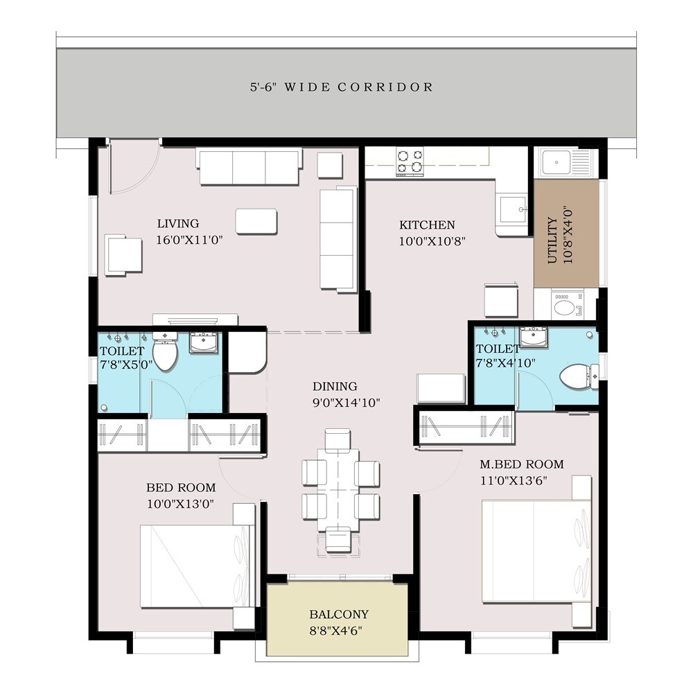 Floor plan of 2 BHK 1270 Sq. Ft. Apartment in VRR Green Crest, Bangalore